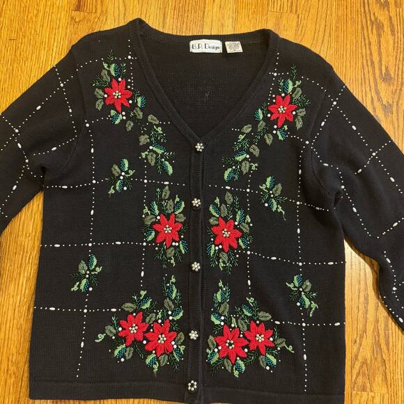 VTG Beaded Christmas Cardigan Sweater Womens Medium Sequins Poinsettia Holly - Picture 3 of 13